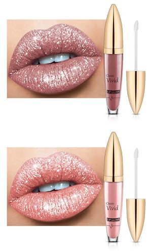 2pcs Lipgloss Glänzend, Flüssiger Lip Oil 3D Glitzer Feuchtigkeitsspender Lang anhaltende Lip Gloss, Lippen Care Lippenöl Lippenpflege für Trockene Lippen, Metallic Shimmer Liquid Lipstick