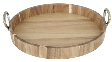 Olympia Round Serving Tray Acacia Wood Metal Handles, 440x405x100mm | Raised rim keeps glassware secure during transit, while sturdy side handles provide a comfortable, balanced grip.