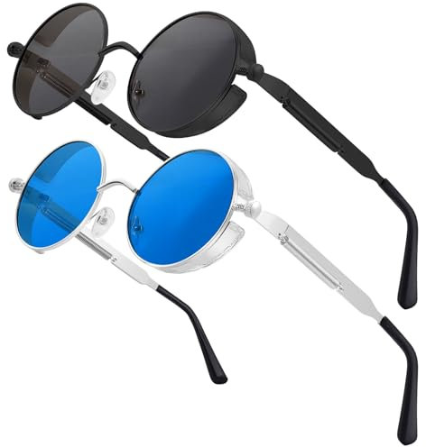 Chritice 2 Stück Steampunk Brille Retro Sonnenbrille Herren Rund Retro Sonnenbrille Rund Vintage Sonnenbrillen Herren Polarisiert UV400 Schutz Sunglasses Men Sonnenbrillen Damen Blaue Und Grau Gläser