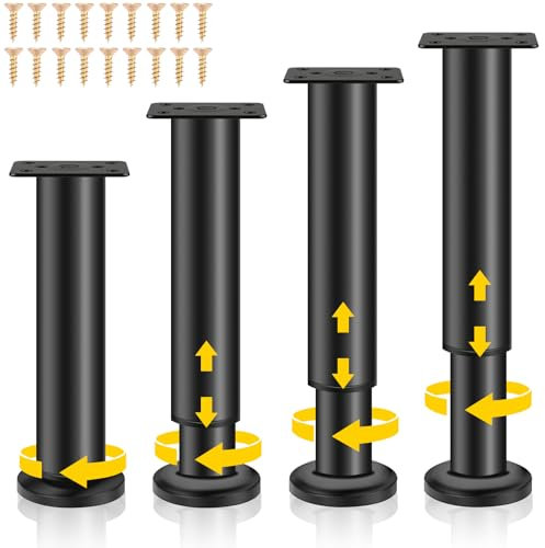 Pieds de Meubles Réglables, 4 Pieds de Meubles Métal Noir, Pied Meuble, Pieds Universels Ajustables pour Meubles pour Canapé, Lit, Armoire, Table, avec Vis, Hauteur Réglable (12-18 cm)