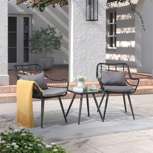 OC Orange-Casual Bistro-Set, Gartenmöbel-Set aus handgewebten Rattan, Beistelltisch mit Glastischplatte Balkonmöbel-Set für 2 Personen, Korbsessel für Balkon, Garten Schwarz Rattan & Grau Kissen