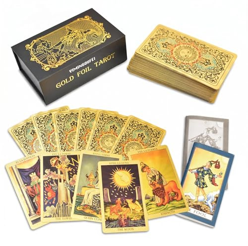 YIMINGOUFEI Cartas Tarot Español, Rider Waite Bilingüe Inglés, 78 Doradas | Cartas del tarot en español e inglés, 78 cartas Rider Waite doradas en PVC impermeable con guías bilingües incluidas.