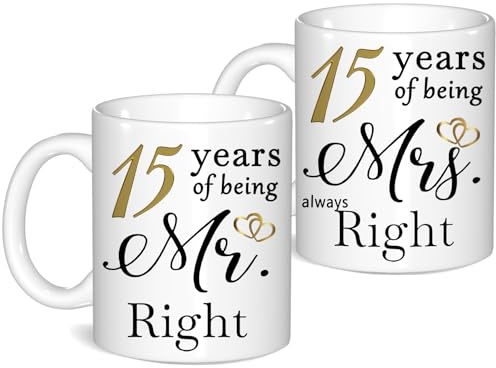 15 Year Anniversary Coffee Mugs Set of 2, 15th Anniversary Wedding Gifts for Wife Husband Parents Grandparents Men Women Him Her, 15 Year Valentines Engagement Couple Cups