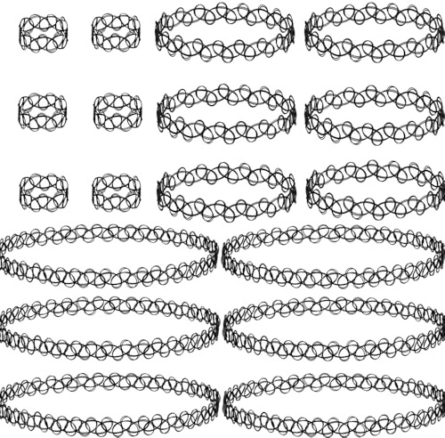 Lxtness 3 Sets Schwarz Halsketten-Set-18 Stück Armband & Ring Choker Sets | Hohlgewebe Halskette Stretch Tattoo Halskette Elastische Halsband Gothic Vintage 80er 90er Jahre Stil, Boho-Stil