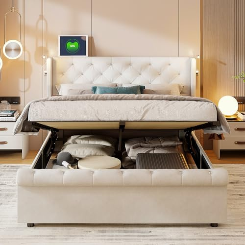 BRYXR Polsterbett mit LED-Kopfteil (Beige Samt + Nachttischlampe, 160x200cm)