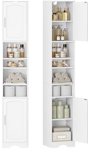 HEXCELEN Badezimmerschrank, Hochschrank Badezimmer 30 × 30 ×180 cm Weiß | Badschrank Schmal Hoch mit Offenen Fach und Tür, Verstellbaren Ablagen, Platzsparender Badregal, Badmöbel, Modern