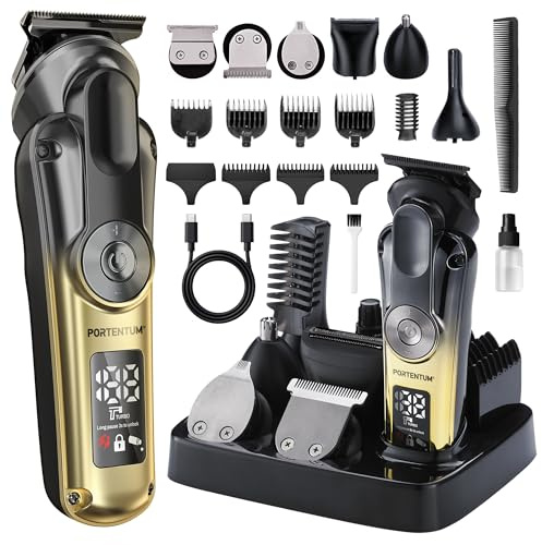 PORTENTUM Tondeuse barbe homme – Lot 21 pcs – LED – Rasoir Électrique Visage et Corps – Tondeuse Cheveux Polyvalente – 6 Têtes – 7 Sabots – USB-C – Autonomie 120 min – Support Organisateur Sans Fil