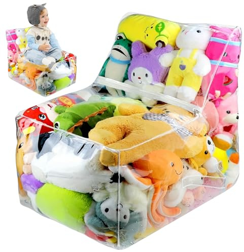 Soft Toy Storage Bag - 2-in-1 Clear Stuffed Animal Storage, PVC Sofa Style Toy Organization Soft Toys Storage Seat with Zippers, Waterproof Teddy Plush Storages for Kids Organizing Rooms Plushie