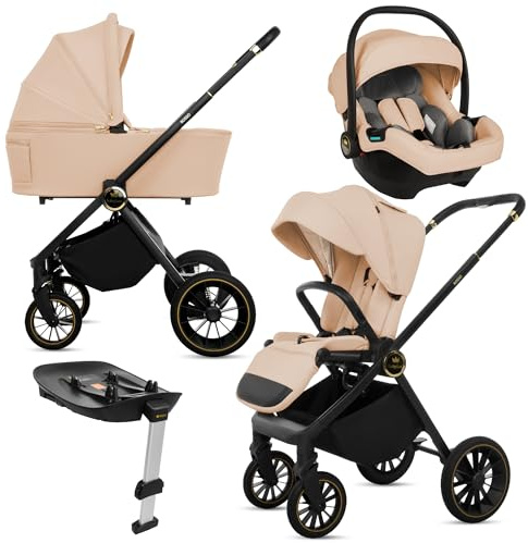 BabyLux® Kinderwagen 4in1 Set ROSSO, Faltbar Leicht Kombikinderwagen Set incl. Babywanne, Reisebuggy, Kindersitz i-Size, Auto Basisstation, 4 Liegepositionen, 0-22kg, UV Schutz 50+, Vollgummireifen