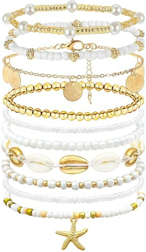 JSTHHTT 10 Pcs Fußketten für Damen, Muschelkette damen Fußkettchen Set für Damen, Fußkettchen von Fußketten, Sommer Accessoires, Fußkettchen Set Seil Link Strand Fußkettchen für Damen