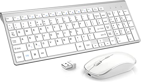 Wireless Keyboard and Mouse Set, JOYACCESS 2.4Ghz Slim Ergonomic Wireless Keyboard and Coreless Silent Mouse Combo 2400DPI for iMac/Mac/PC/Desktop/Computer/Laptop/Windows(UK layout) - Silver + White
