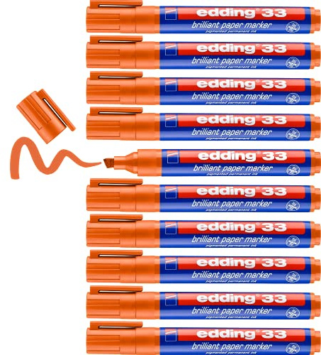 edding 33 brilliant paper marker - orange - 10 waterproof permanent markers - chisel nib 1-5 mm - vibrant colours - lightfast marking on paper, card, cardboard, plastic, metal and glass