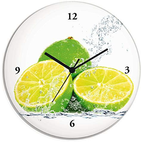 ARTLAND Wanddeko Wanduhr ohne Tickgeräusche Glas Funkuhr Ø 30 cm Rund Lautlos Obst Früchte Limette im Wasser Modern Food T5SN