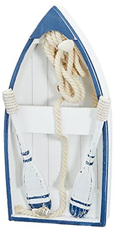 Ruderboot blau/weiß, 19,5x35,5x8cm, mit 2 Rudern, 1 Tau und Muscheln Wanddeko Tischdeko