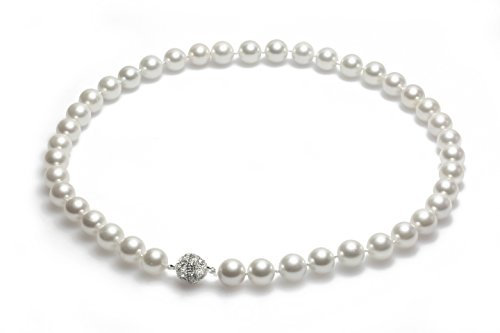 Schmuckwilli Perlenkette für Damen Magnetverschluß - 45cm Länge mit 10mm großen weißen runden Mallorca Perlen - Muschelkernperlen Kette für jeden Anlass - die Halskette Pearl Necklace für Frauen