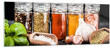 Panorama Bilder auf Glas Gewürze Knoblauch Holz Salz Glasbild 140x50cm Wandbilder Dekoration Wohnzimmer Schlafzimmer Küche Groß XXL Wanddeko Bild im Glas Wand Kunstdruck Art Modern GAB140x50-2896