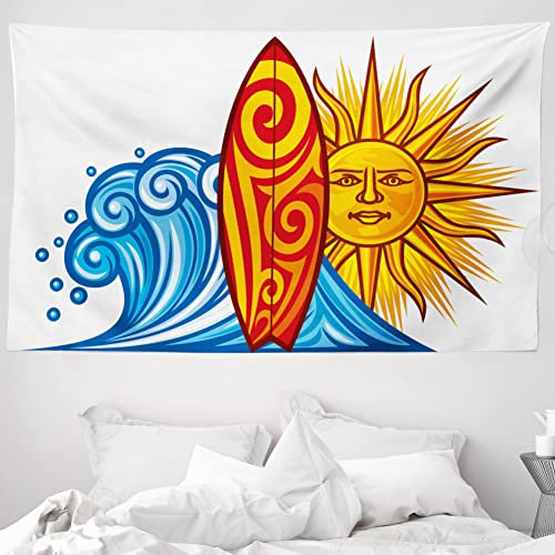 ABAKUHAUS Reite die Welle Wandteppich und Tagesdecke, Ocean Wave Sun aus Weiches Mikrofaser Stoff Waschbar ohne Verblassen Digitaldruck, 230 x 140 cm, Blau Gelb