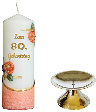 Meissner-Handel Auswahl * Jubiläumskerze/Geburtstagskerze ''Zum 80. Geburtstag'' * orange * mit farbigen Wachsauflagen * inkl. Kerzenständer aus Messing * (Motiv 003) Auswahl Motiv + Farbe