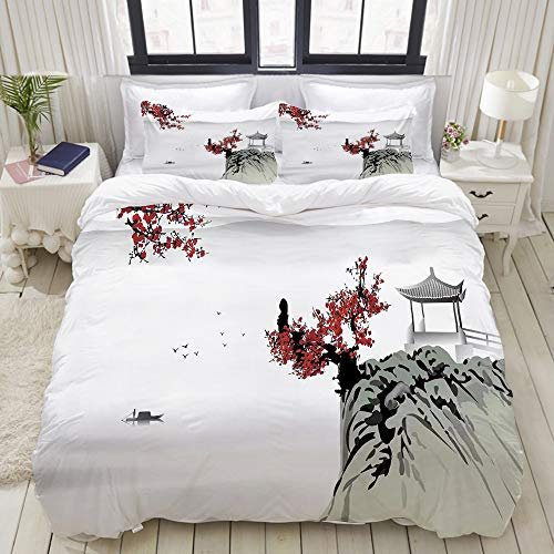 PENGTU Bedding Bettwäsche-Set,Asiatische Flusslandschaft mit Kirschblütenboot Kulturelle Hinweise Mystische Ansicht Artsy,Mikrofaser Bettbezug und Kissenbezug - (135 x 200 cm)