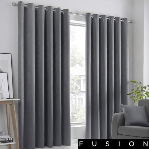 Fusion Strata Woven Eyelet Lined Curtains, Charcoal, 46 x 90 Inch, 100% Polyester, W117cm (46) x D229cm (90)