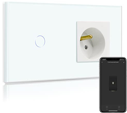 BSEED Prise Murale normale avec Intelligent Interrupteur,1 Gang 1 Voie Interrupteur Connecté WiFi+Prise normale Blanc,Compatible avec Alexa et Google Home,Contrôle Vocal et Fonction de Temps
