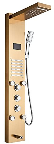 Huin Panneau de douche de bain à LED cascade dorée colonne de douche de pluie robinet écran de température numérique système de douche mélangeur bec de baignoire-B