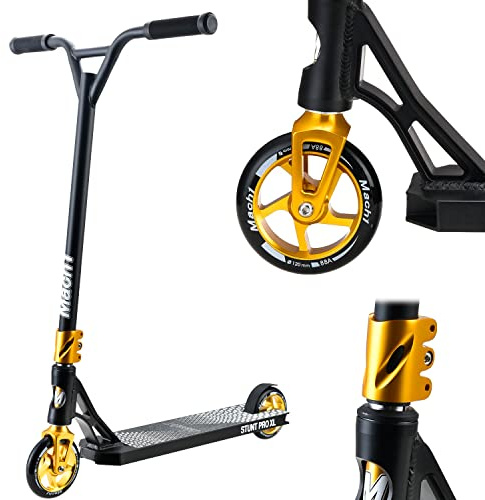 Mach1 Stunt Scooter 360° Lenkung - 120mm Rollen mit Alu Core und ABEC 9 Kugellagern, Tretroller, Kickscooter, Fun Stunts Trick Roller für Kinder ab 6 Jahre (schwarz-Gold mit schwarzen Rollen)