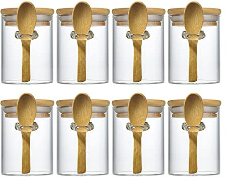 Livejun Lot de 8 mini bocaux hermétiques en verre de 215,5 g avec couvercles en bambou et cuillères en bambou, pots à épices pour cuisine, salle de bain, décoration d'intérieur