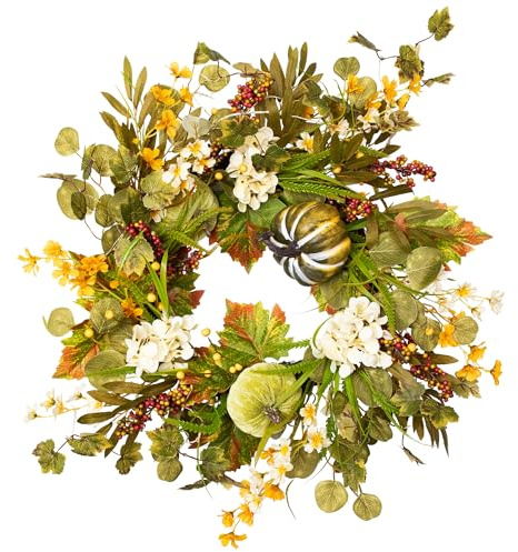 Velvet Pumpkins, Hydrangeas and Maple Leaves Artificial Fall Harvest Wreath - 24