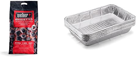 Weber Barbeque Briquettes | 8 kg Bag | BBQ Coal for Weber Grills | Coal BBQ Fuel | Long Lasting | 100% Natural, Made from Waste Wood (1759180) & Drip Pans 10-Piece, Large 28 x 18 x 5 cm