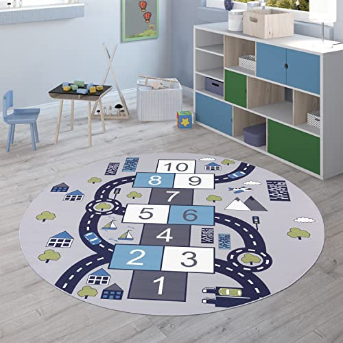 Paco Home Kinderteppich Teppich Rund Kinderzimmer Spielteppich Straßenteppich Modern rutschfest Junge Mädchen, Grösse:160 cm Rund, Farbe:Grau