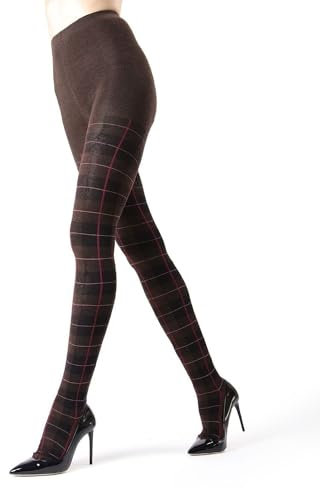 MeMoi Glasgow karierte Baumwollstrumpfhose für Damen, gemütlich, warm und modisch, gemustert, Größen S bis 6X, Braun meliert, 1X-2X
