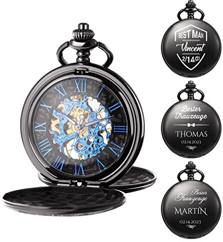 TREEWETO Herren Taschenuhr Personalisiert Gravur Taschenuhr mit Kette Klassische Jahrgang Mechanische Geschenke Geschenk zum Hochzeit Trauzeugen Bräutigam Bester Mann, Schwarz