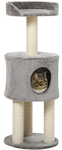 PawHut Arbre à Chat griffoirs grattoirs sisal Naturel Arbre à Grimper Hauteur 103 cm Niche Plate-Forme en Peluche Gris