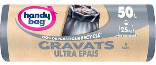 HANDY-BAG Rouleau de 5 sacs poubelle 50L en plastique recyclé à 80% - Idéal pour les gravats et déchets de cuisine, salle de bains et WC. - Lot De 3 - Vendu Par Lot