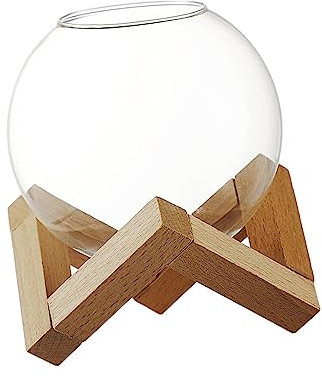 Baoblaze Glass Cup Tumbler Tasting Glass with Wood Stand Coffee Mug Clear Barware Gift Round Ball for Wedding Housewarming Gifts Party Decor, 370mL