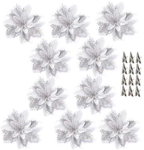 SECALIFE 10 PCS Christmas Poinsettia Flower with Clips, 15CM Artificial Glitter Poinsettia Ornaments for Christmas Tree, DIY Xmas Wreath, Holiday Party Decor, Silver