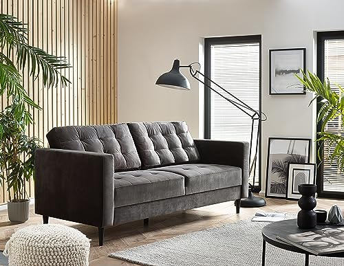 Furniturebox UK Joni 3 Seater Dark Grey Velvet Sofa – Modern Upholstered Grey Fabric Couch with Black Wooden Tapered Legs – Square Stitching Design – Stylish Contemporary Living Room Furniture