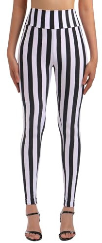 FYMNSI Damen Leggings Vertikal Gestreift Stretch Strumpfhose Leggins Streifen Lange Hosen Halloween Fasching Kostüm Hohe Taille Dünne Dehnbar Schlank Hüfthose Yoga Fitness Workout Hose Schwarz L
