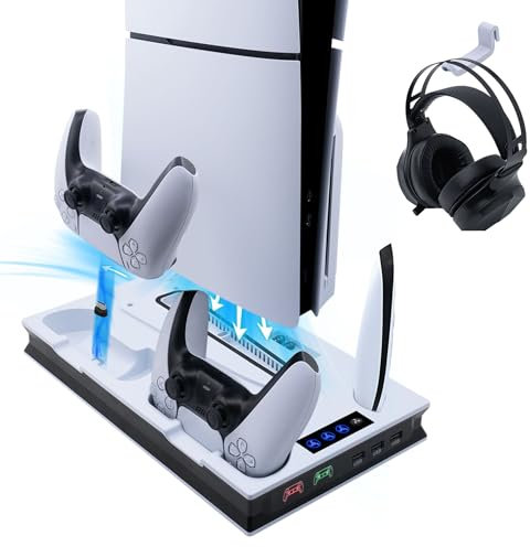 Wigearss PS5/PS5 Slim/PS5 Pro Soporte Vertical Ventiladores de Refrigeración y Estación de Carga de Dual Dontrolador, Soporte Multifuncional con Iluminación LED para Consola PS5/PS5 Slim/PS5 Pro