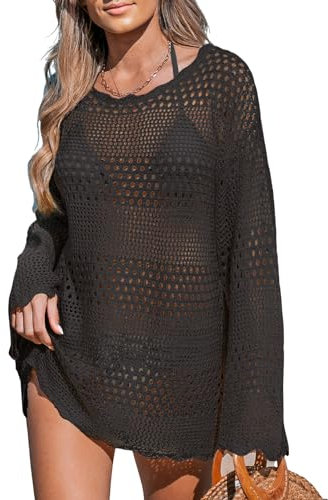 CUPSHE Women's Swimsuit Cover Up Bathing Suit Crochet Summer Swimwear Knit Pullover Beach Dress Black XS