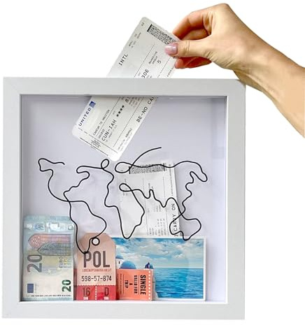 Vordpe Adventure Memory Box, Scatola dei ricordi da viaggio per biglietti, da tavolo e montaggio a parete, cornice per ricordi con mappa del mondo (grande, 29 x 29 cm)