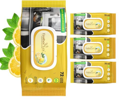 Feather Lux Premium Lemon Scented Kitchen Cleaner - Extra Strong & Powerful Disinfectant Wipes, Biodegradable & Plastic-Free (288 Sheets) - Pack of 4 x 72