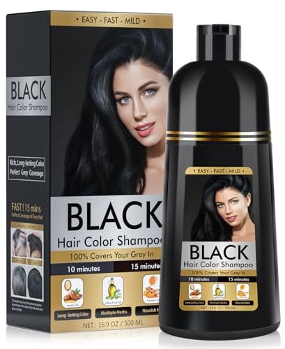 Schwarzes Haarfärbeshampoo Permanent für Männer&Frauen,Haarfärbeshampoo für graues Haar und Bart,3-In-1 Shampoo für farbbehandeltes Haar,500ml