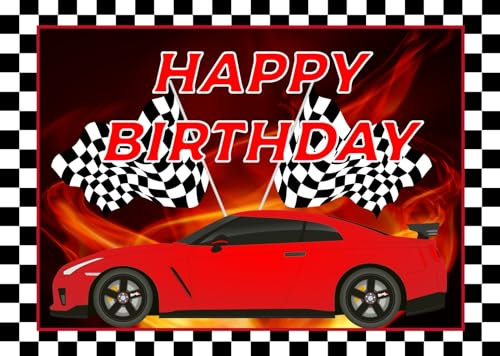 CORFOTO 5x3ft Alles Gute zum Geburtstag, Rennthema-Hintergrund, Auto, Schwarz-Weiß-Gitter, rot, Geburtstagsthema, Hintergrund, Rennflagge, Fotografie-Hintergrund, Geburtstagsparty-Banner
