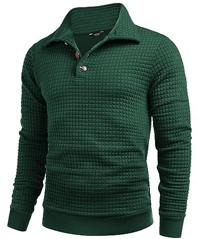 COOFANDY Felpa Uomo Waffle Con Colletto Rialzato e Botones - Maglione Senza Cappuccio Tinta Unita da Lavoro Estivo - Verde M