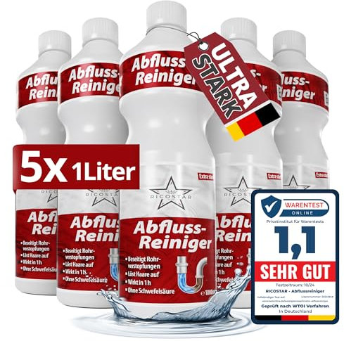 Ricostar Abflussreiniger extra stark [Vom Profi] 5x 1000ml | Made in Germany | Rohrreiniger extrem stark | Rohrfrei extra stark | Abflussfrei extrem stark | Abfluss reinigen