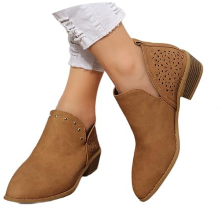 Stivaletti Retrò Con Borchie Stivali Corti Chelsea Da Donna Eleganti Ankle Boots Slip-on Con Tacco Largo 2024 Nuovi Booties Vuoti Scarpe Alla Caviglia for Tempo Libero Autunno Inverno(Brown,40 EU)