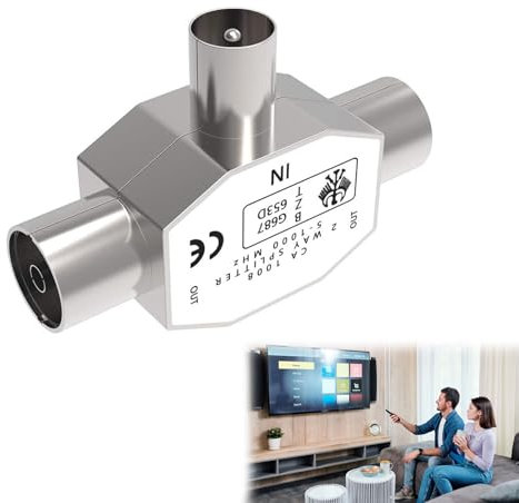 TV Aerial Coax Splitter, Digital Signal Antenna Splitter Male To Two Female Coaxial TV Aerial Connector Cable TV Coax Splitter 2 Way Metal Housing Compatible with Cable TV Antenna