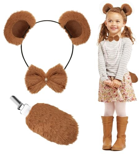XEPST Tierbär Kostüm Set, Braunbär Ohren und Schwanz Set mit Bärenohren Stirnband und Bärenschwanz für Tierkostüm Cosplay Geburtstagsparty Halloween Canival Kostüm Partyzubehör